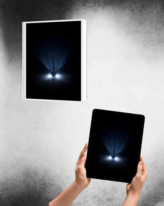Anonymous silhouette illuminated by car headlights in dense fog for the cover of a psychological thriller