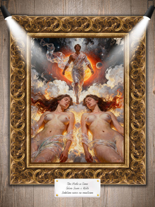 Morfeo en llamas, es un lienzo coleccionable de alta calidad para imprimir. Lienzo digital para enmarcar y adornar salas o estudios en paredes blancas. Pieza de colección. Arte de autor.