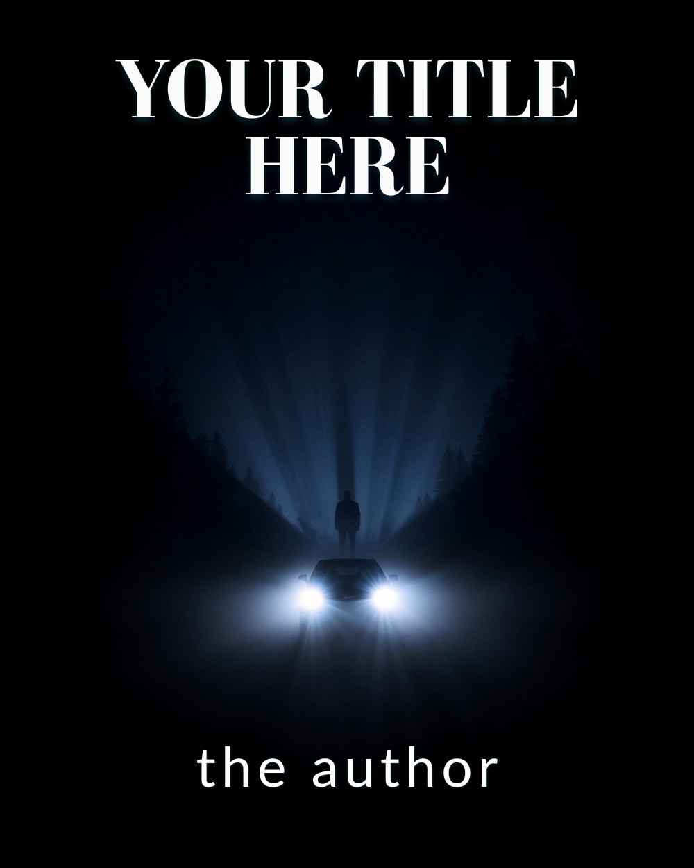 Anonymous silhouette in car lights through dense fog for thriller book cover
