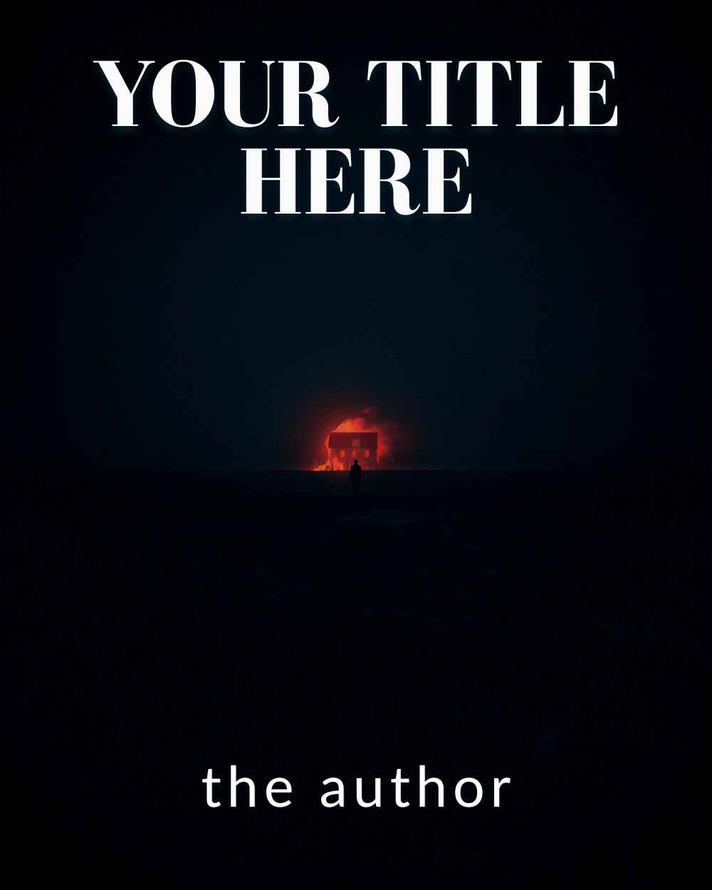 Tiny anonymous figure watching distant house fire at night for suspense book cover. Noir ilustration. Dark novel. Noir novel.