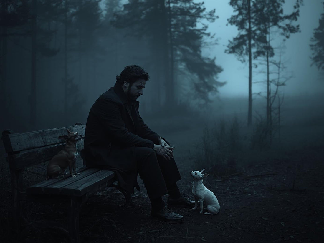 Hombre sentado reflexionando en un atardecer sombrío junto a dos perrillos chihuahuas.