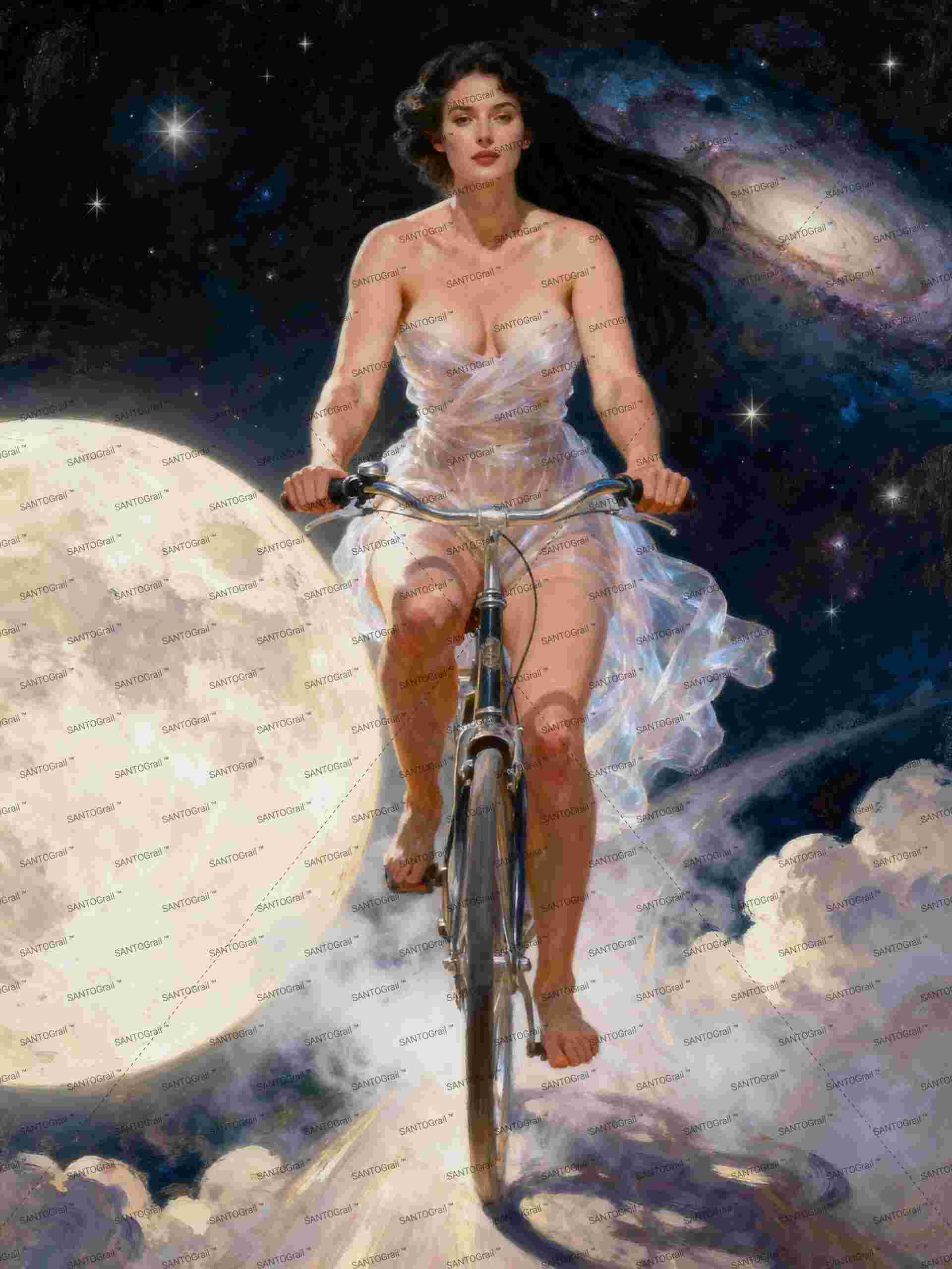 A la luna en bicicleta, es un lienzo coleccionable de alta calidad para imprimir. Lienzo digital para enmarcar y adornar salas o estudios en paredes blancas. Pieza de colección. Arte de autor.