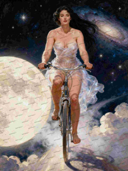 A la luna en bicicleta, es un lienzo coleccionable de alta calidad para imprimir. Lienzo digital para enmarcar y adornar salas o estudios en paredes blancas. Pieza de colección. Arte de autor.