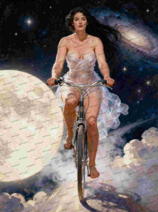A la luna en bicicleta, es un lienzo coleccionable de alta calidad para imprimir. Lienzo digital para enmarcar y adornar salas o estudios en paredes blancas. Pieza de colección. Arte de autor.