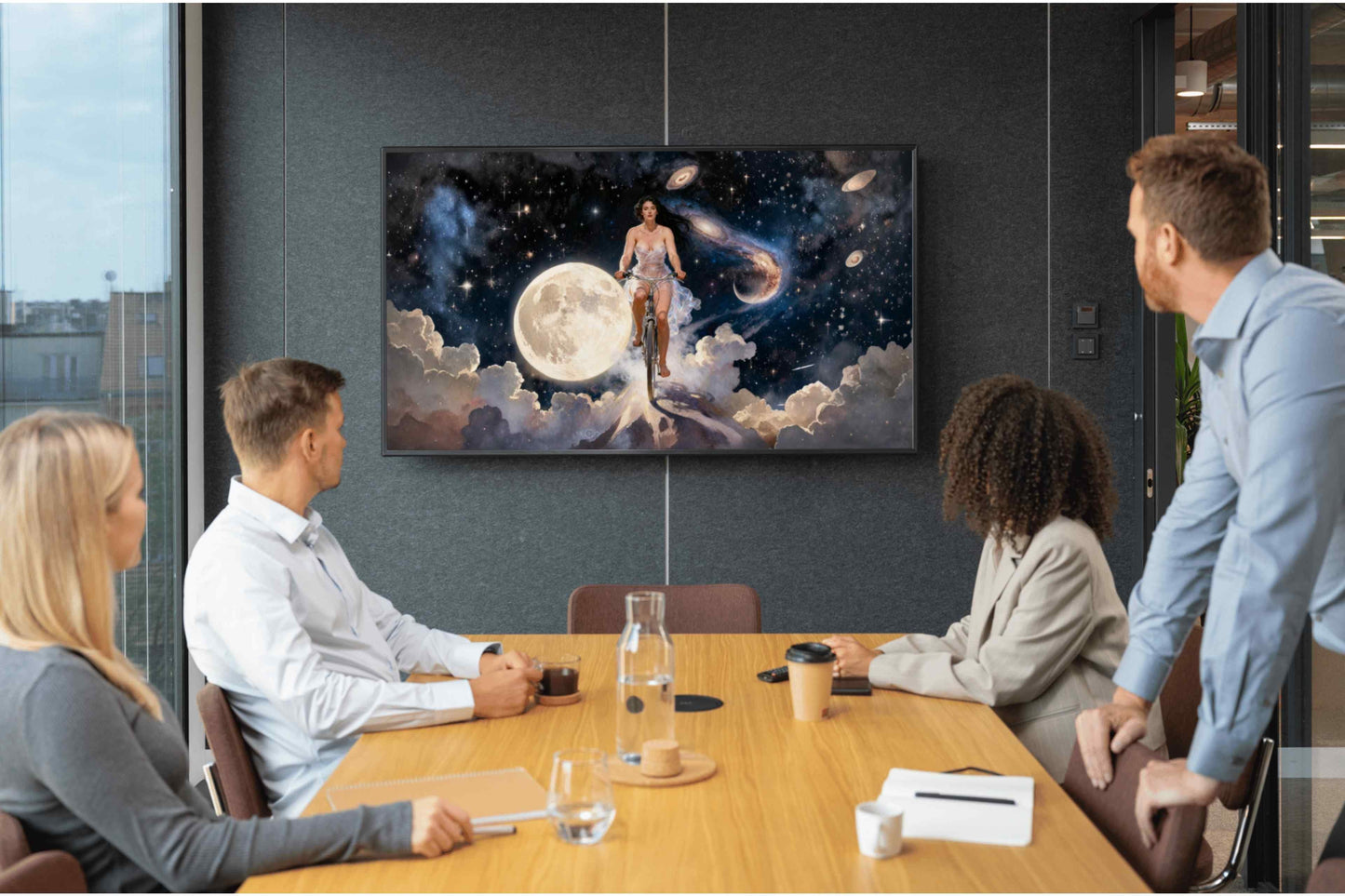 A la luna en bicicleta, es un lienzo coleccionable de alta calidad. Arte de autor para implementar como fondo de pantalla o protector de pantalla de televisores inteligente, smart tv´s. Apple Tv, Android, iOs, LG, Sony, Panasonic, Samsung, Amazon Tv, Amazon Fire.