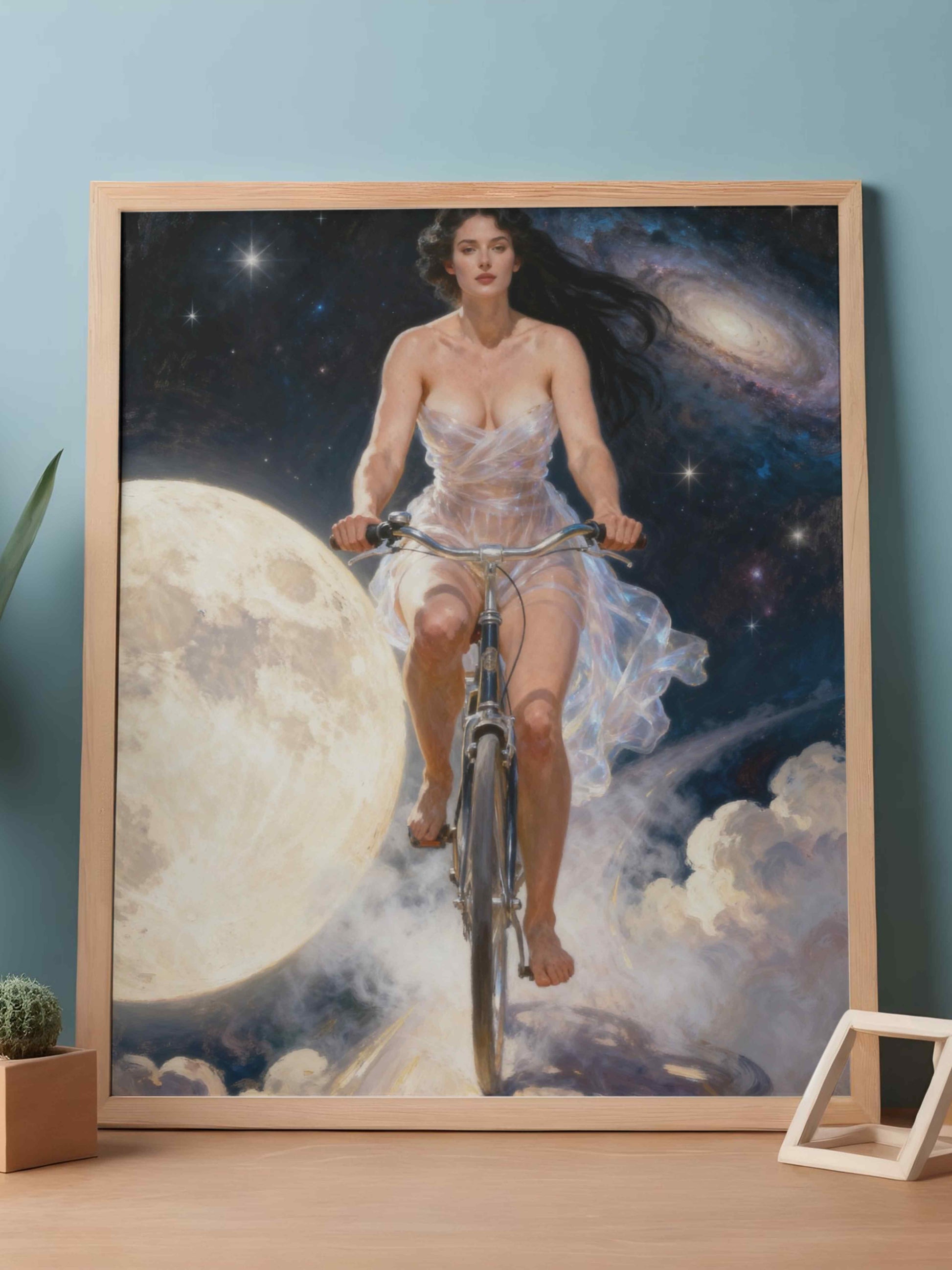 A la luna en bicicleta, es un lienzo coleccionable de alta calidad para imprimir. Lienzo digital para enmarcar y adornar salas o estudios en paredes blancas. Pieza de colección. Arte de autor.