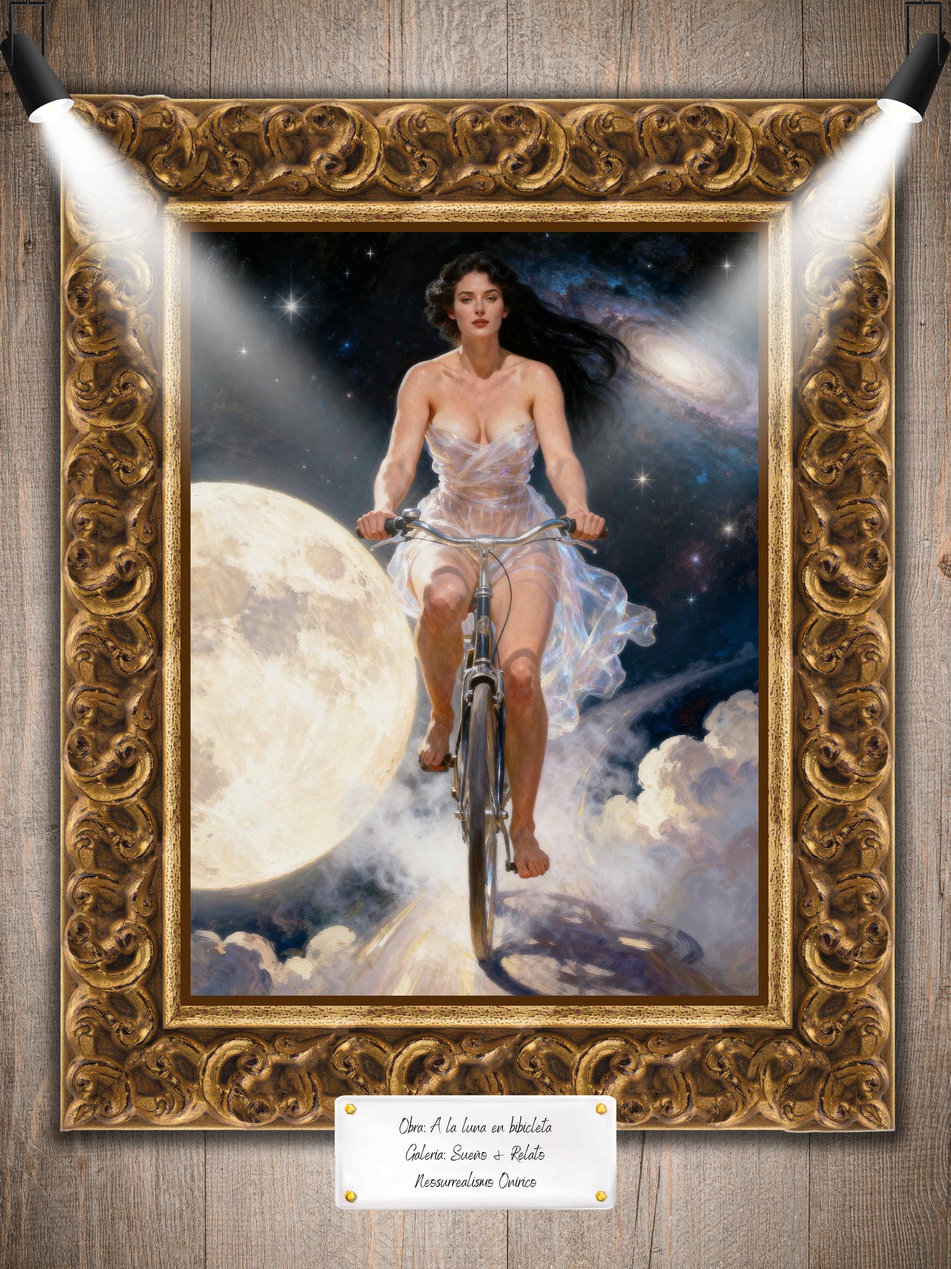 A la luna en bicicleta, es un lienzo coleccionable de alta calidad para imprimir. Lienzo digital para enmarcar y adornar salas o estudios en paredes blancas. Pieza de colección. Arte de autor.