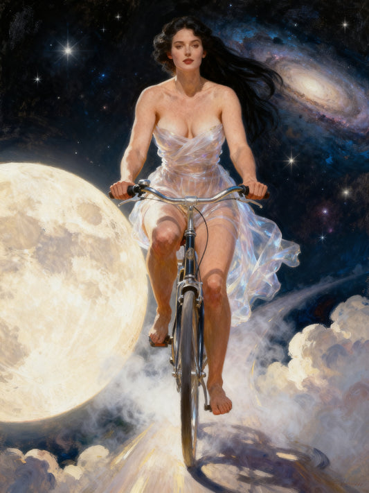 A la luna en bicicleta, es un lienzo coleccionable de alta calidad para imprimir. Lienzo digital para enmarcar y adornar salas o estudios en paredes blancas. Pieza de colección. Arte de autor.