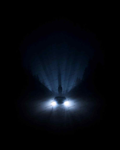 Anonymous silhouette in car headlights through dense fog. Ilustration noir for cover book and limited edition.