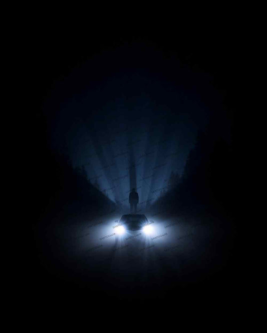 Anonymous silhouette in car headlights through dense fog. Ilustration noir for cover book and limited edition.