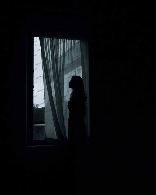 Anonymous woman obscured by blowing curtain for cover book. Noir art ilustration.