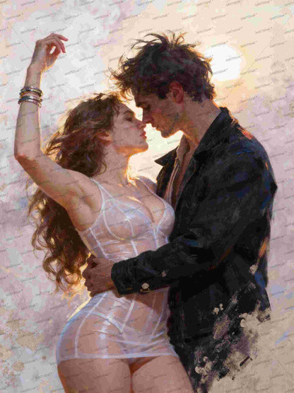antes del beso, es un lienzo coleccionable de alta calidad para imprimir. Lienzo digital para enmarcar y adornar salas o estudios en paredes blancas. Pieza de colección. Arte de autor.