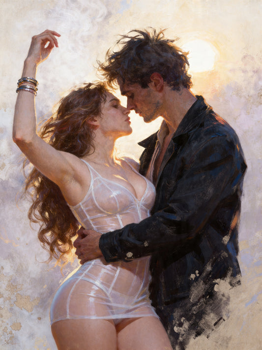 Antes del beso, es un lienzo coleccionable de alta calidad para imprimir. Lienzo digital para enmarcar y adornar salas o estudios en paredes blancas. Pieza de colección. Arte de autor.