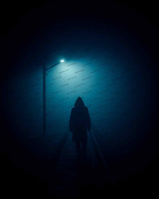 Blurred anonymous figure walking on foggy train platform for thriller. Book cover. Noir ilustration. Noir novel.