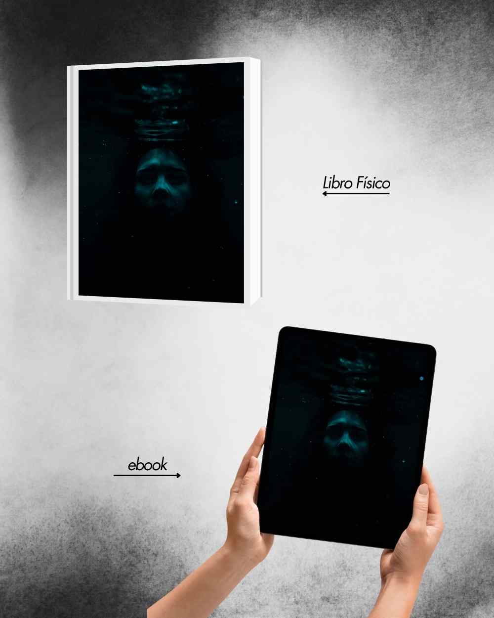 Distorted anonymous female figure floating underwater for psychological thriller cover. Noir ilustration. Noir novel.