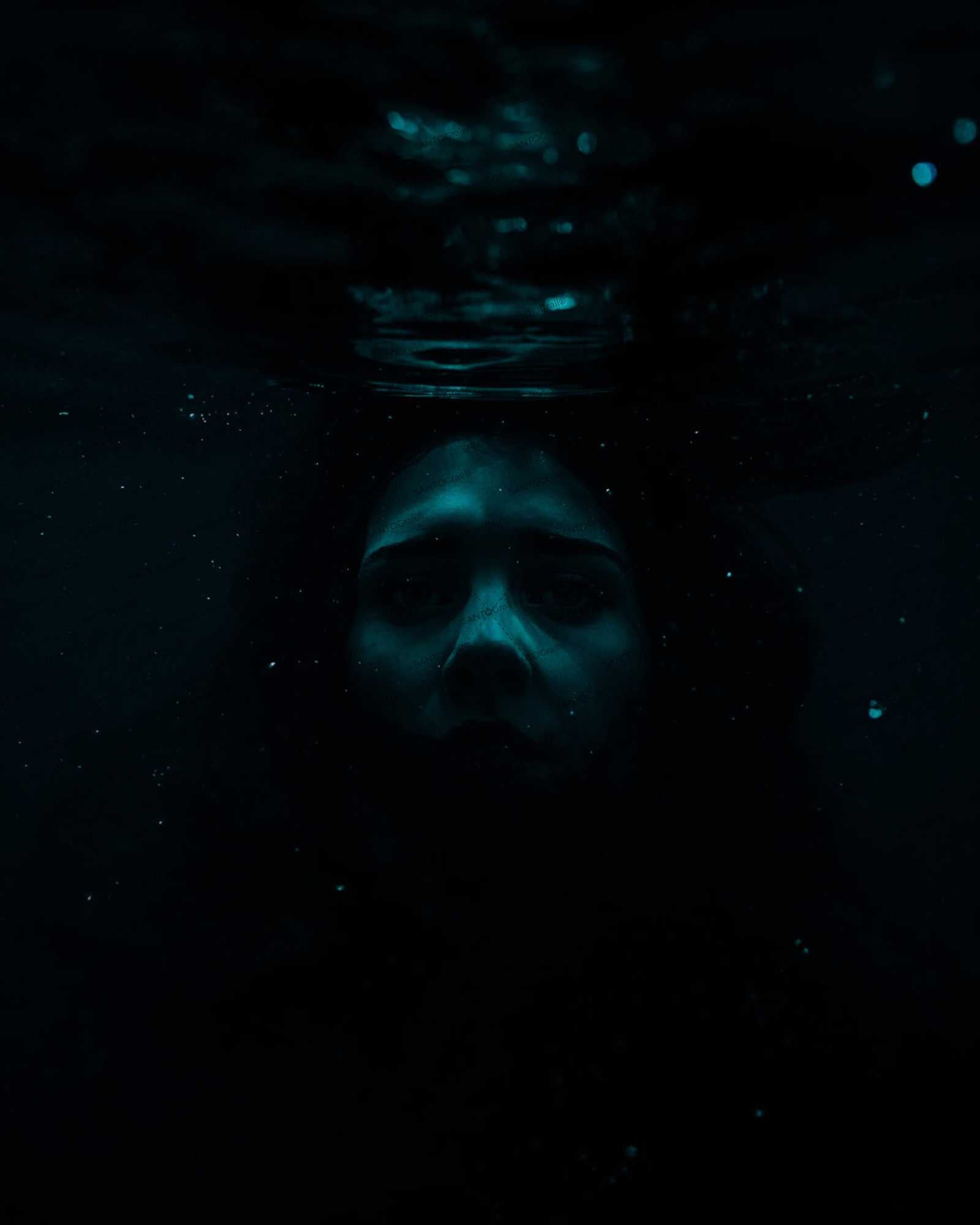 Distorted anonymous female figure floating underwater for psychological thriller cover. Noir ilustration. Noir novel.