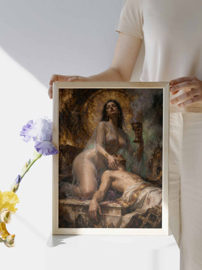 El grial de los herejes, es un lienzo coleccionable de alta calidad para imprimir. Lienzo digital para enmarcar y adornar salas o estudios en paredes blancas. Pieza de colección. Arte de autor.