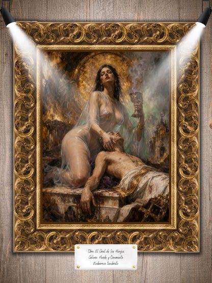 El grial de los herejes, es un lienzo coleccionable de alta calidad para imprimir. Lienzo digital para enmarcar y adornar salas o estudios en paredes blancas. Pieza de colección. Arte de autor.