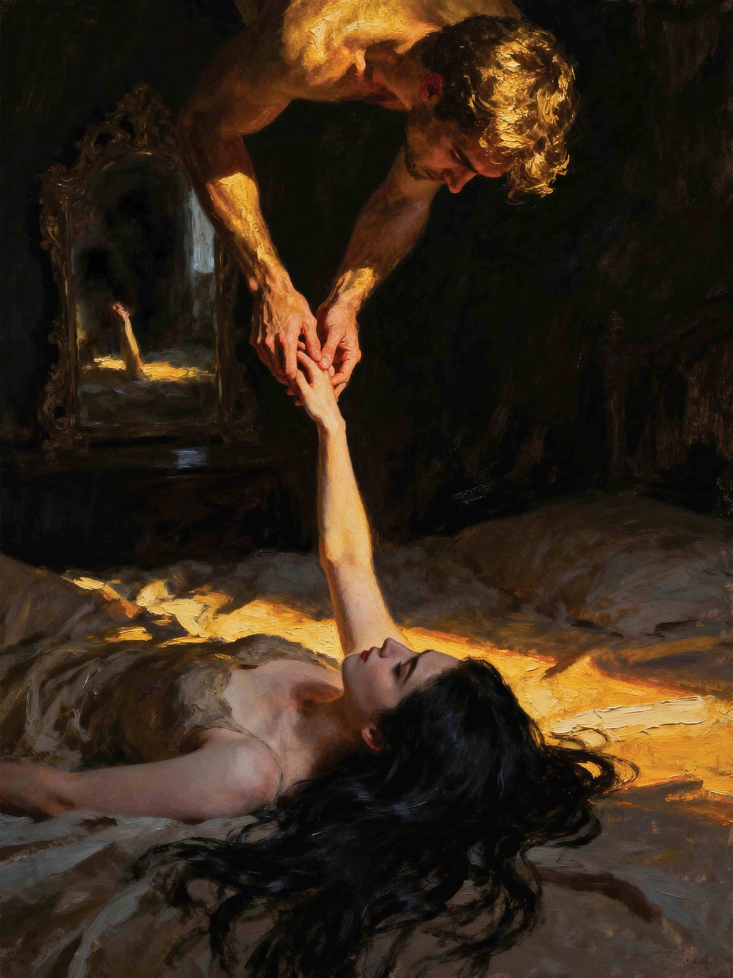La negación del espejo, es un lienzo coleccionable de alta calidad para imprimir. Lienzo digital para enmarcar y adornar salas o estudios en paredes blancas. Pieza de colección. Arte de autor.