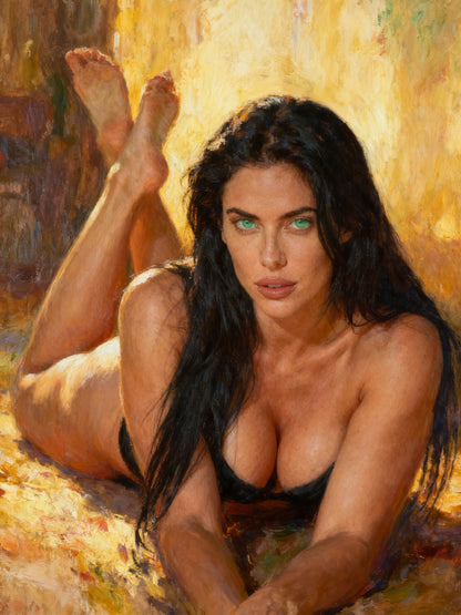 La Esfinge Esmeralda: Ámbar Indómita. Lienzo de calidad premium. Pieza de colección para adornar estudios o salas de hogares. 