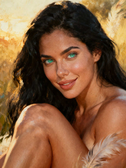 La Esfinge Esmeralda Mirada Inmortal. Lienzo digital curatorial. Arte premiun de alta gama para decorar salas o estudios. 