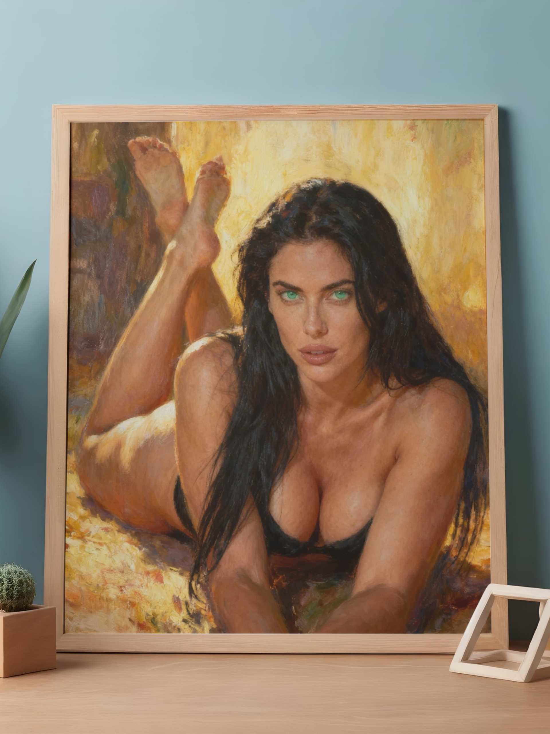 La Esfinge Esmeralda: Ámbar Indómita. Lienzo de calidad premium. Pieza de colección para adornar estudios o salas de hogares. 