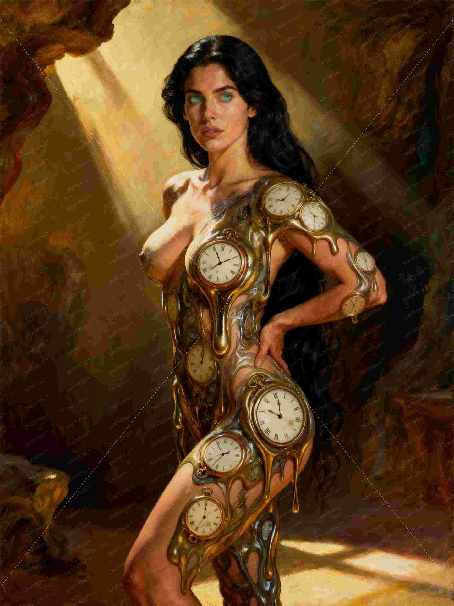 La esfinge esmeralda sueño liquido, es un lienzo coleccionable de alta calidad para imprimir. Lienzo digital para enmarcar y adornar salas o estudios en paredes blancas. Pieza de colección. Arte de autor.