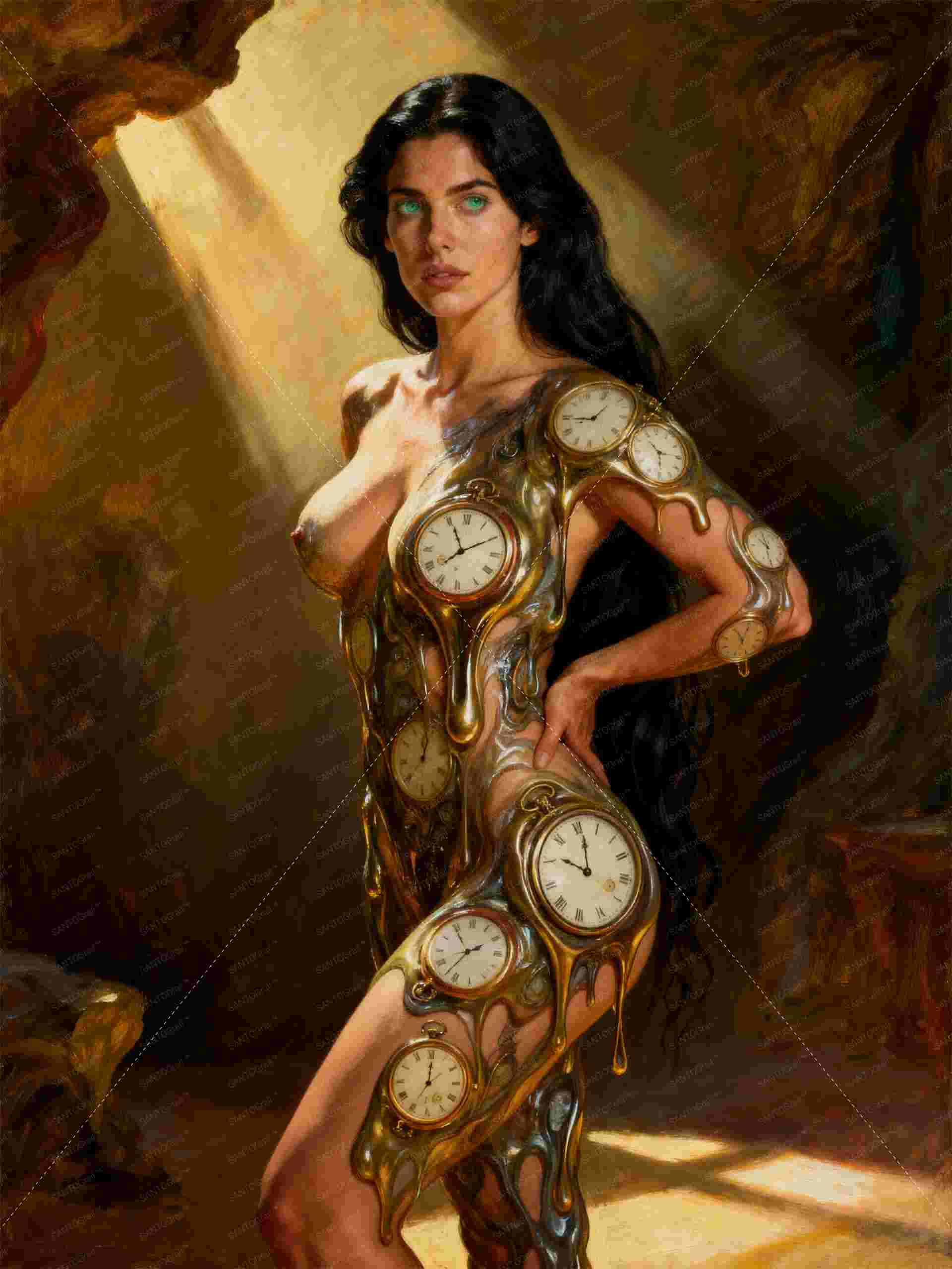 La esfinge esmeralda sueño liquido, es un lienzo coleccionable de alta calidad para imprimir. Lienzo digital para enmarcar y adornar salas o estudios en paredes blancas. Pieza de colección. Arte de autor.