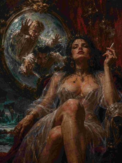 La reina de Cocito, es un lienzo coleccionable de alta calidad para imprimir. Lienzo digital para enmarcar y adornar salas o estudios en paredes blancas. Pieza de colección. Arte de autor.