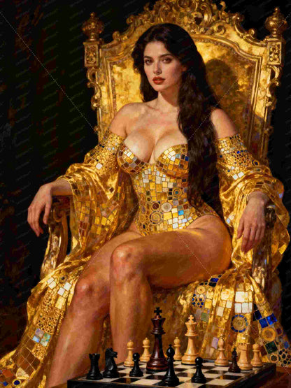La soberana del tablero áureo, es un lienzo coleccionable de alta calidad para imprimir. Lienzo digital para enmarcar y adornar salas o estudios en paredes blancas. Pieza de colección. Arte de autor.