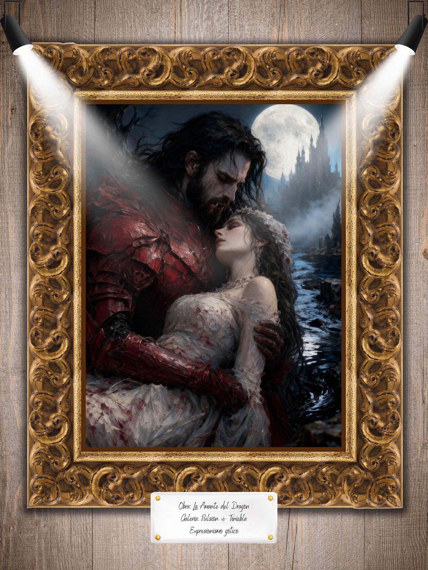 La amante del dragón, es un lienzo coleccionable de alta calidad para imprimir. Lienzo digital para enmarcar y adornar salas o estudios en paredes blancas. Pieza de colección. Arte de autor.