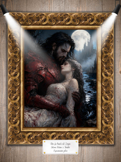 La amante del dragón, es un lienzo coleccionable de alta calidad para imprimir. Lienzo digital para enmarcar y adornar salas o estudios en paredes blancas. Pieza de colección. Arte de autor.