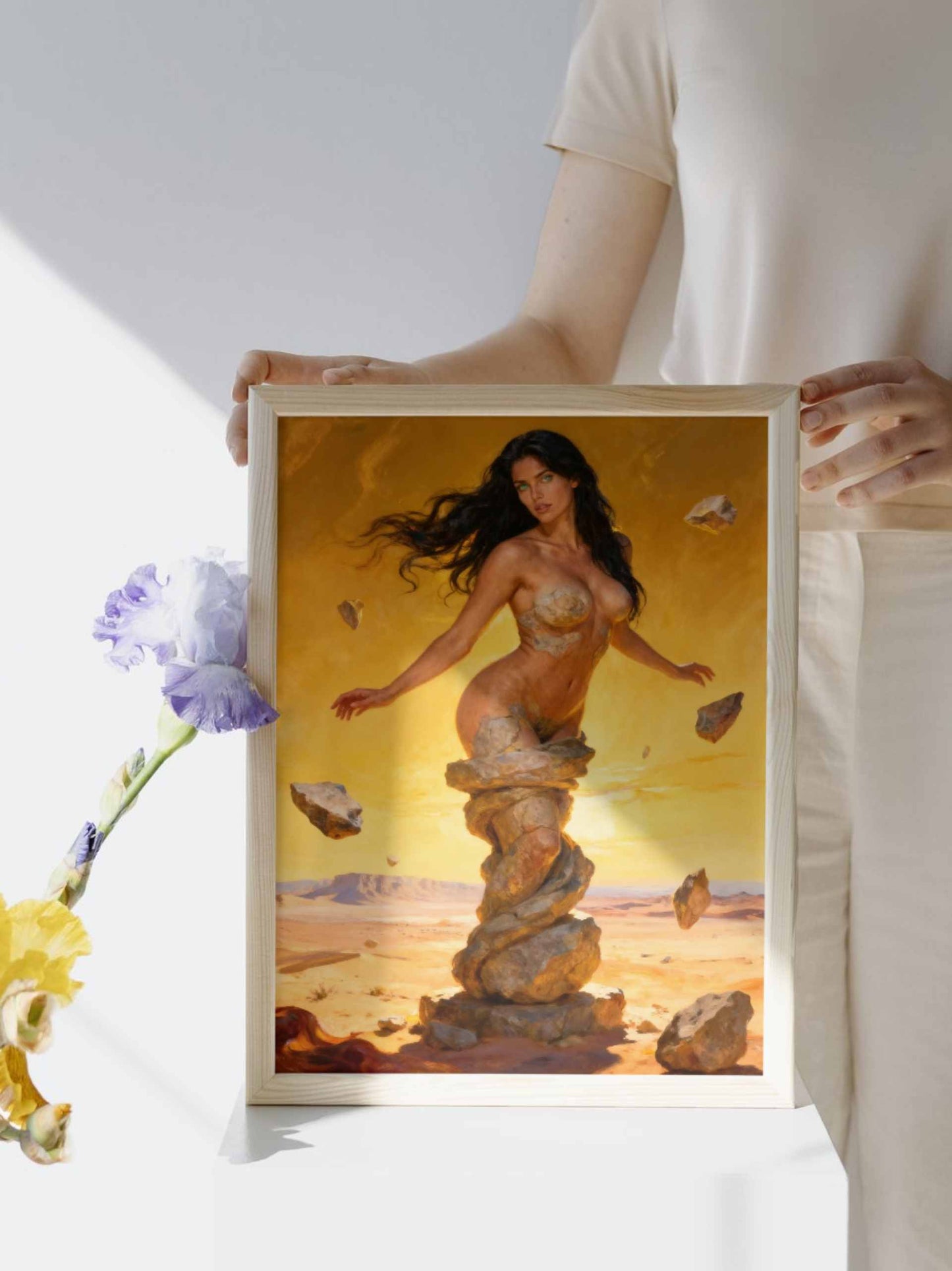 La Esfinge Esmeralda: Alquimia Solar. Es una obra digital premium para coleccionistas. Arte premium para imprimir y usar en decoraciones de alta gama. Salas, estudios, espacios de hogar.