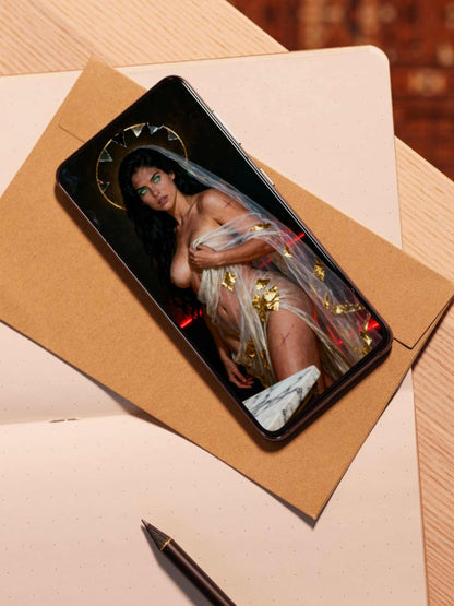 La Esfinge Esmeralda: Liturgia de Fuego. Lienzo, obra digital de colección. Uso con fondo de pantallas o protector de pantalla de dispositivos móviles o tablets. Samsung, Iphone, iOs, Android, Apple.