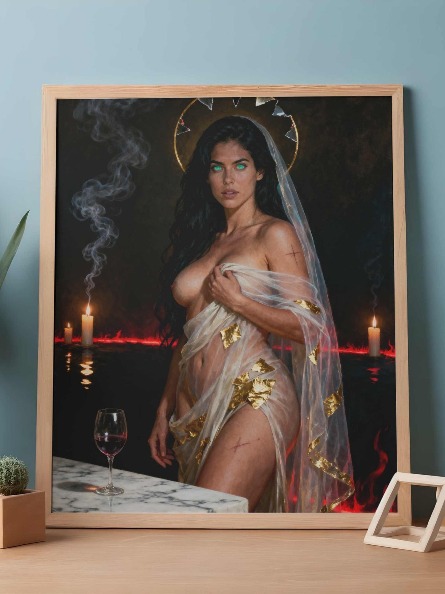 La Esfinge Esmeralda: Liturgia de Fuego. Lienzo, obra digital de colección. Lienzo premium para imprimir, enmarcar y adornar estudios, salas. Pieza de colección.
