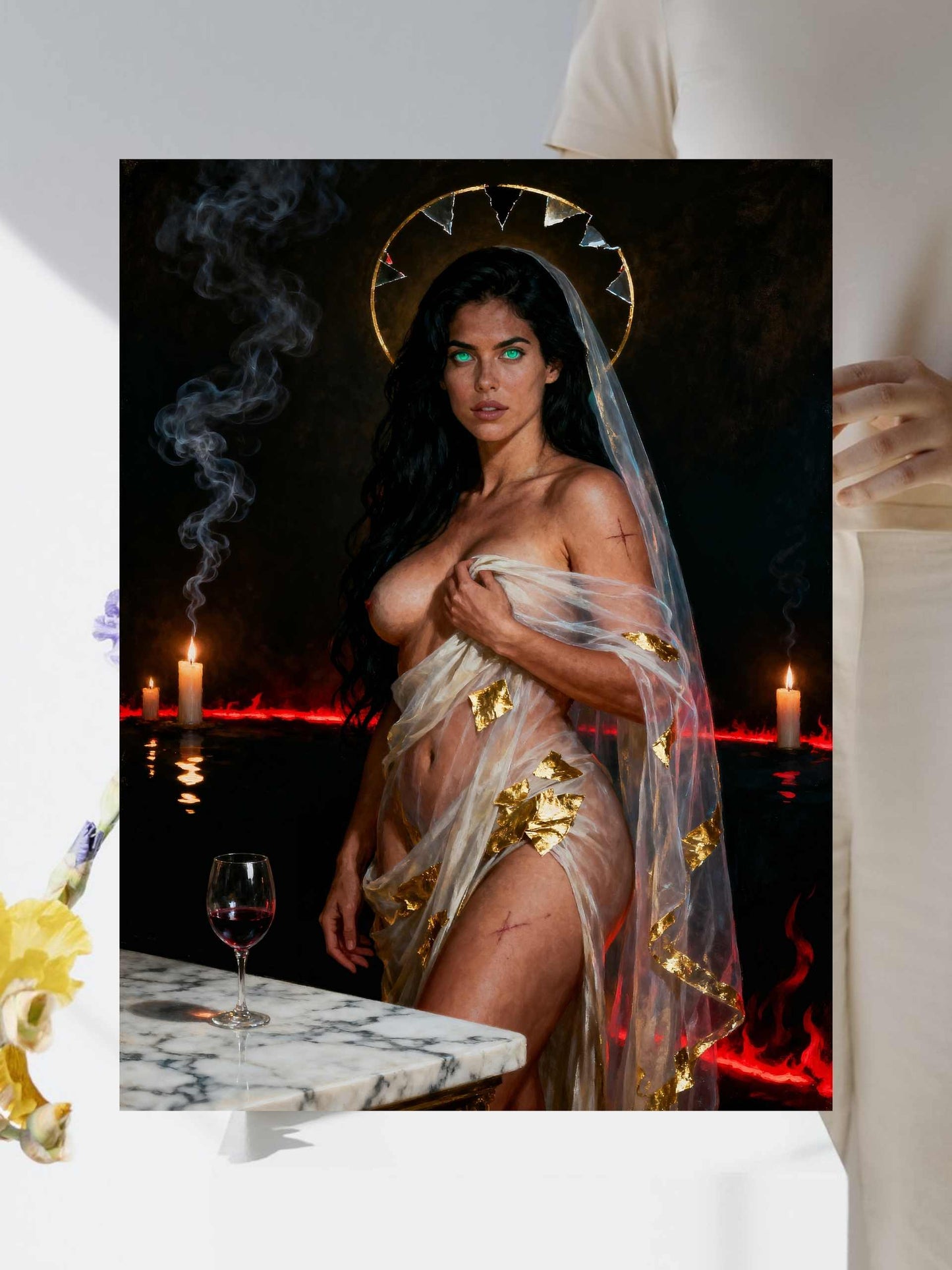La Esfinge Esmeralda: Liturgia de Fuego. Lienzo, obra digital de colección. Lienzo premium para imprimir, enmarcar y adornar estudios, salas. Pieza de colección.