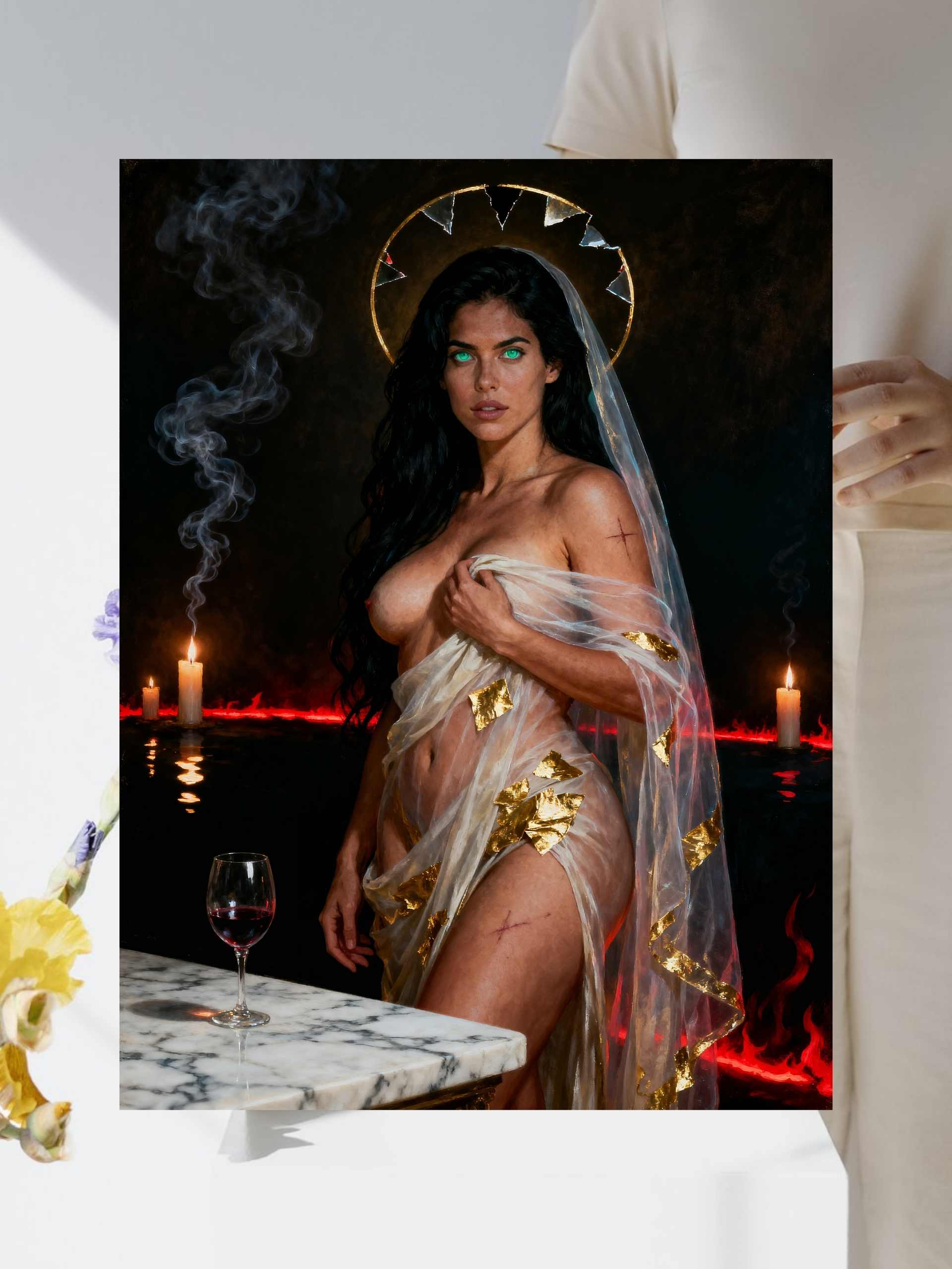La Esfinge Esmeralda: Liturgia de Fuego. Lienzo, obra digital de colección. Lienzo premium para imprimir, enmarcar y adornar estudios, salas. Pieza de colección.
