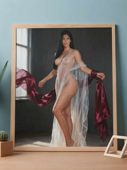 La esfinge esmeralda velo granate, es un lienzo coleccionable de alta calidad para imprimir. Lienzo digital para enmarcar y adornar salas o estudios en paredes blancas. Pieza de colección. Arte de autor.