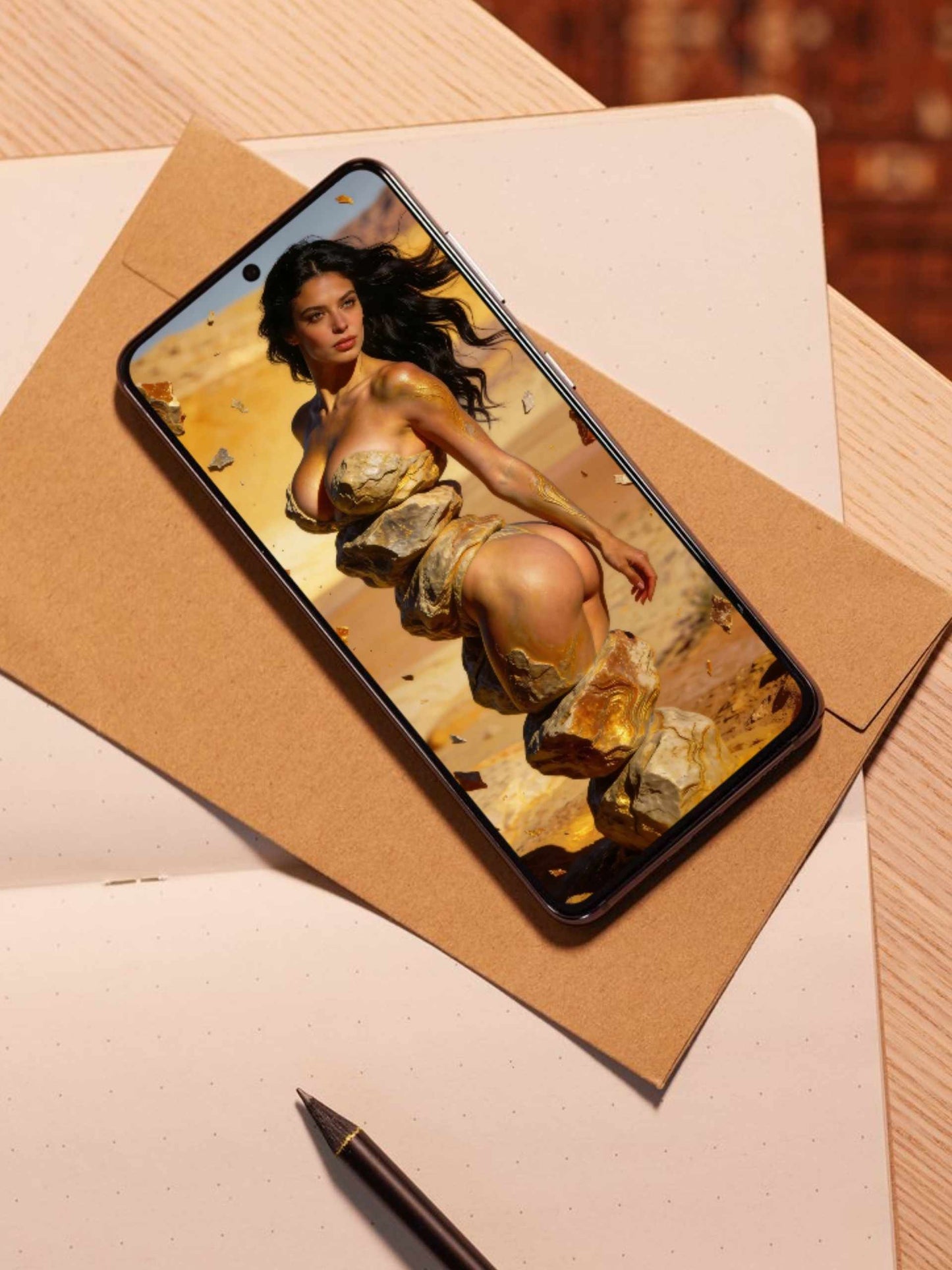 La Mujer de Piedra y Oro. Arte digital premium para usar como fondo de pantalla de dispositivos móviles, tablets. Android, iOs, Apple, Samsung.