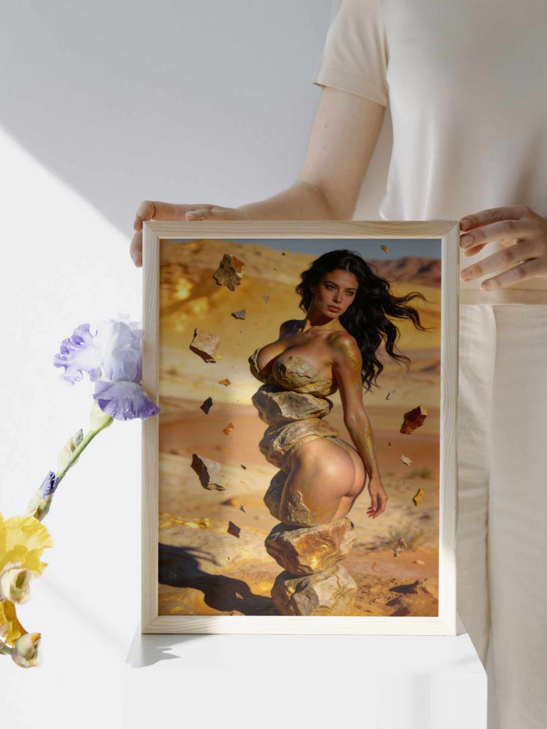 La Mujer de Piedra y Oro. Arte digital premium para imprimir en lienzo. Calidad fine art, pieza museográfica. Lienzo coleccionable para adornar salas, estudios y espacios de hogar.