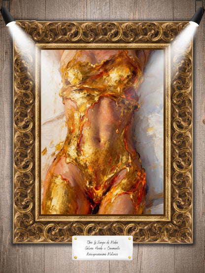 La sangre de midas, es un lienzo coleccionable de alta calidad para imprimir. Lienzo digital para enmarcar y adornar salas o estudios en paredes blancas. Pieza de colección. Arte de autor.