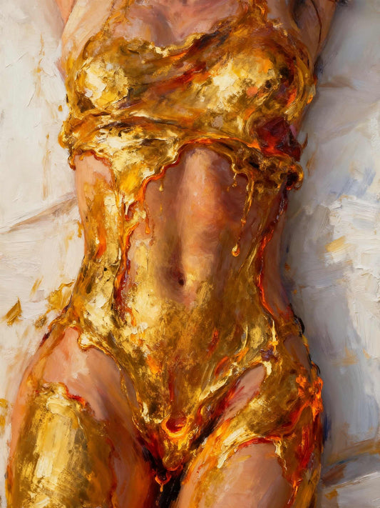 La sangre de midas, es un lienzo coleccionable de alta calidad para imprimir. Lienzo digital para enmarcar y adornar salas o estudios en paredes blancas. Pieza de colección. Arte de autor.