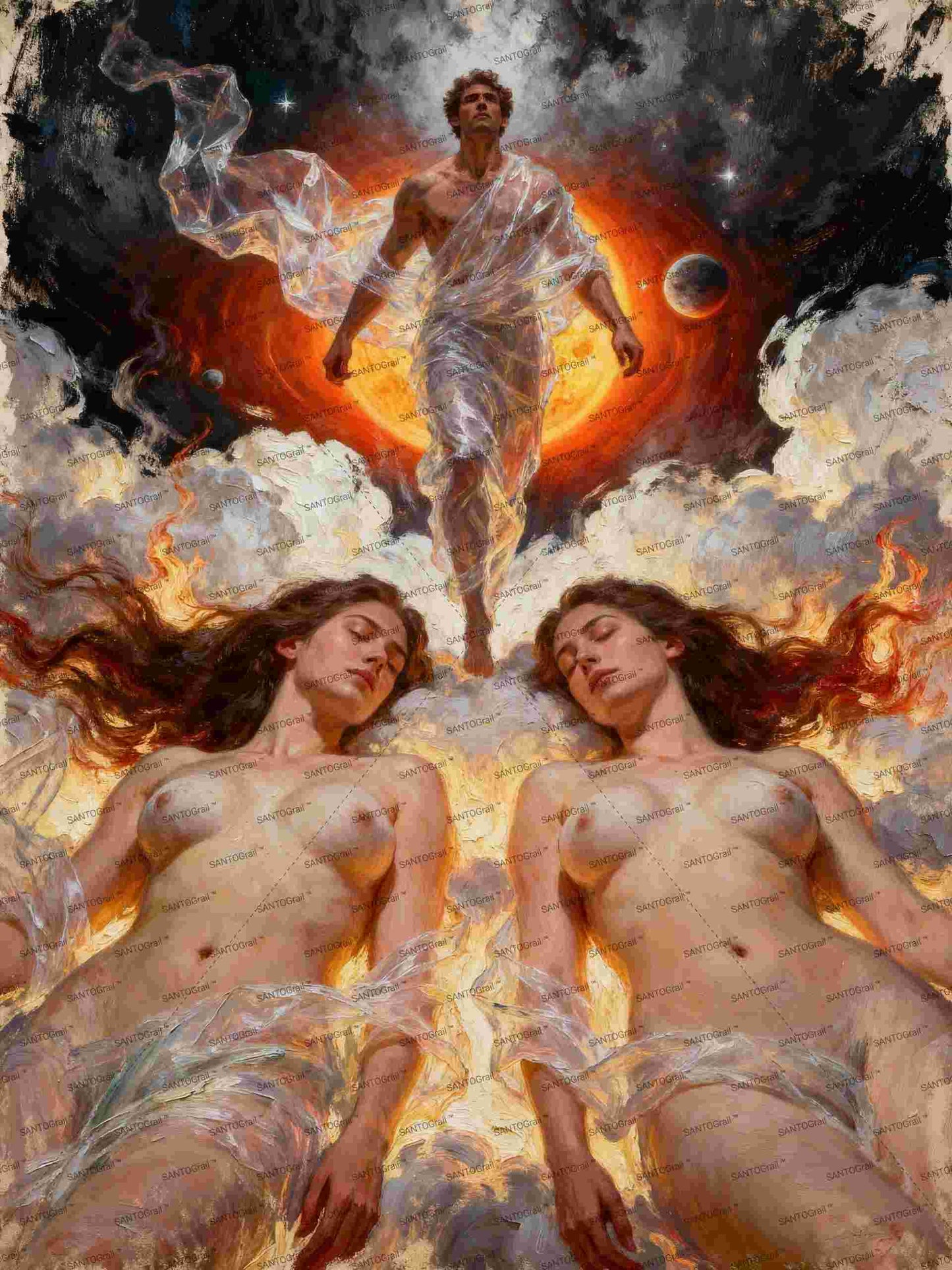 Morfeo en llamas, es un lienzo coleccionable de alta calidad para imprimir. Lienzo digital para enmarcar y adornar salas o estudios en paredes blancas. Pieza de colección. Arte de autor.