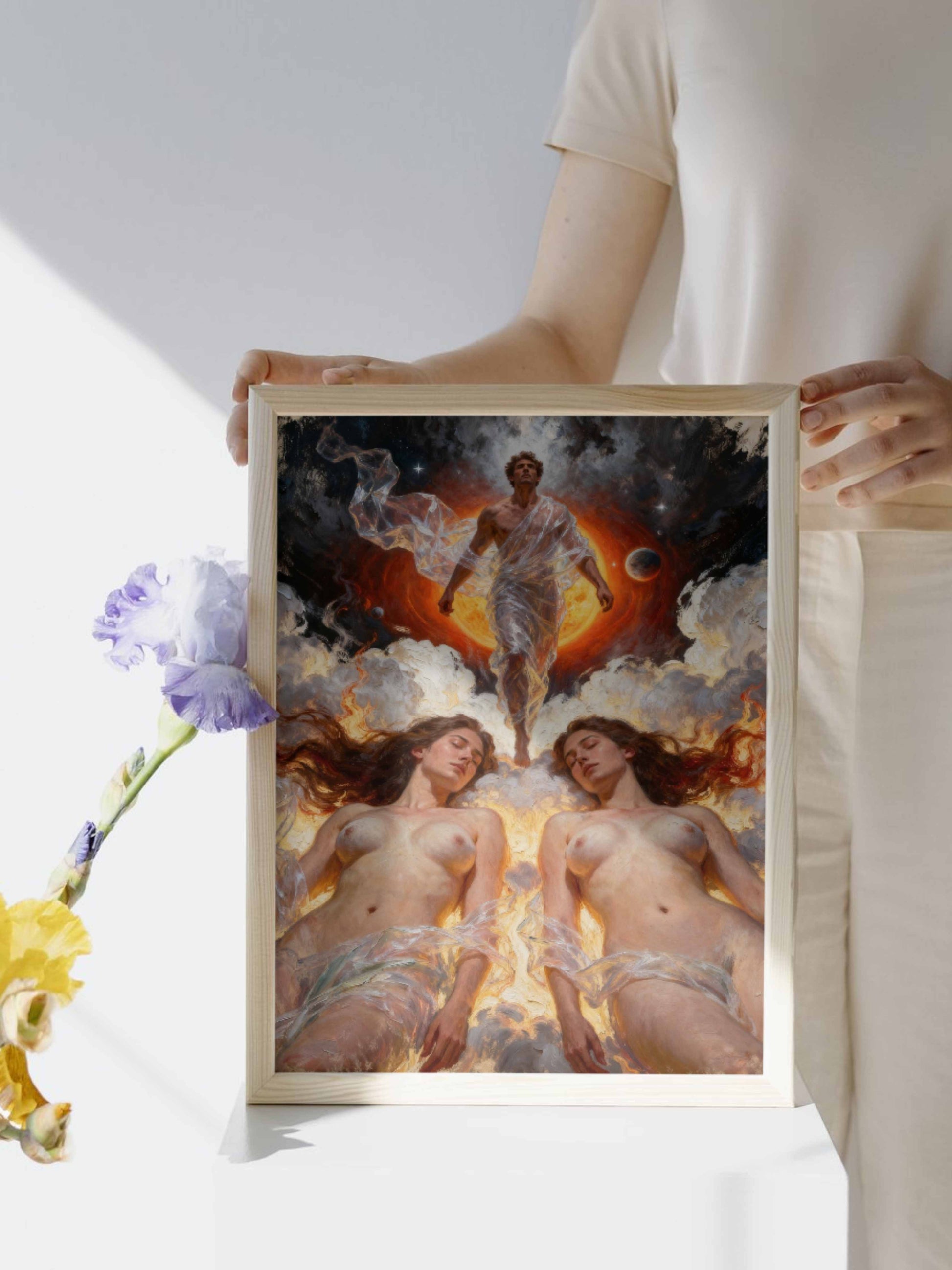 Morfeo en llamas, es un lienzo coleccionable de alta calidad para imprimir. Lienzo digital para enmarcar y adornar salas o estudios en paredes blancas. Pieza de colección. Arte de autor.