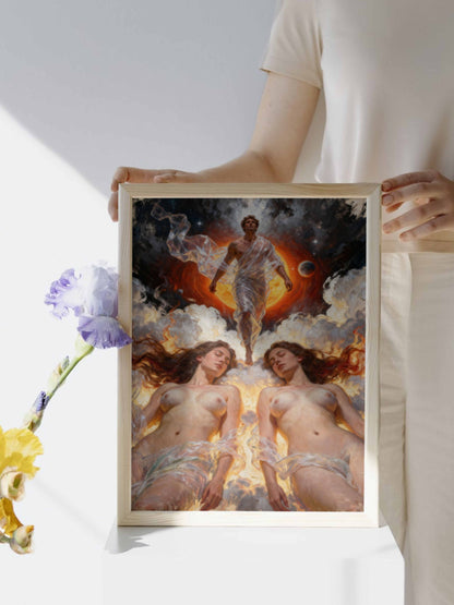Morfeo en llamas, es un lienzo coleccionable de alta calidad para imprimir. Lienzo digital para enmarcar y adornar salas o estudios en paredes blancas. Pieza de colección. Arte de autor.