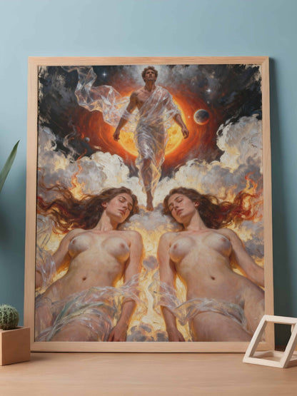 Morfeo en llamas, es un lienzo coleccionable de alta calidad para imprimir. Lienzo digital para enmarcar y adornar salas o estudios en paredes blancas. Pieza de colección. Arte de autor.