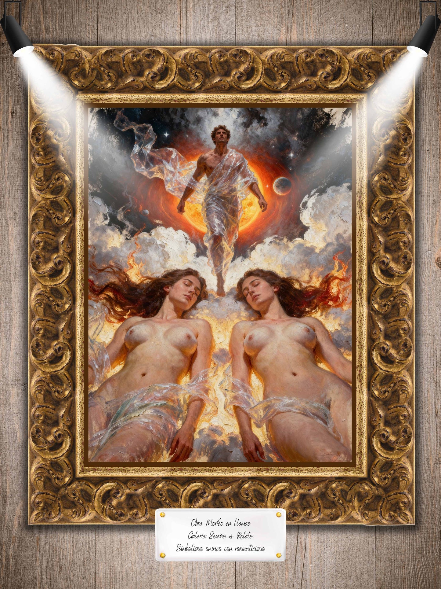 Morfeo en llamas, es un lienzo coleccionable de alta calidad para imprimir. Lienzo digital para enmarcar y adornar salas o estudios en paredes blancas. Pieza de colección. Arte de autor.