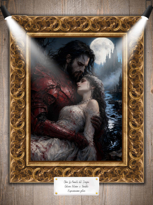 Pintura digital gótica de La Amante del Dragón con técnicas de tenebrismo y empaste hiperrealista