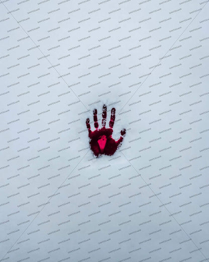Single hand of dark blood on pristine white snow for psychological thriller cover. Noir ilustration. Noir novel.