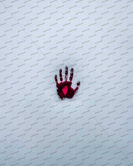 Single hand of dark blood on pristine white snow for psychological thriller cover. Noir ilustration. Noir novel.
